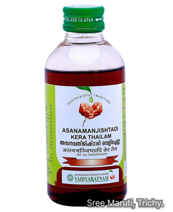 Asanamanjishtadi Kera Thailam herbal oil with Asana and Manjishta herbs for skin and joint care.
