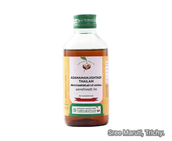 Asanamanjishtadi Thailam – Herbal Ayurvedic oil for skin glow and blood purification.