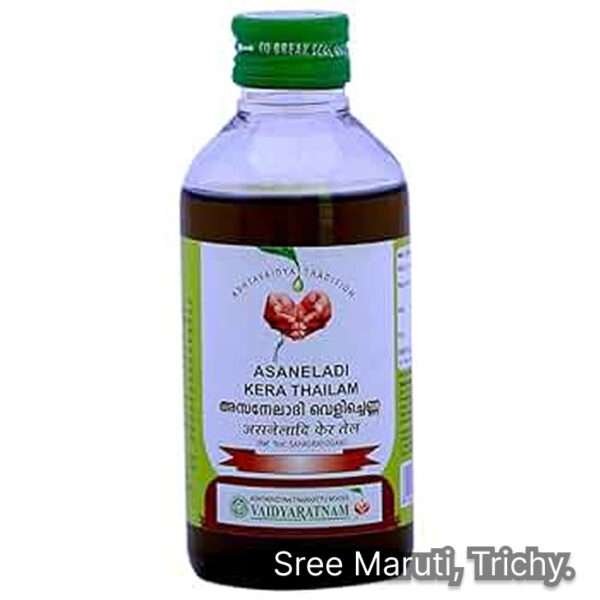Asaneladi Kera Thailam Ayurvedic coconut oil for hair growth, scalp health, and Vata-Pitta balance.