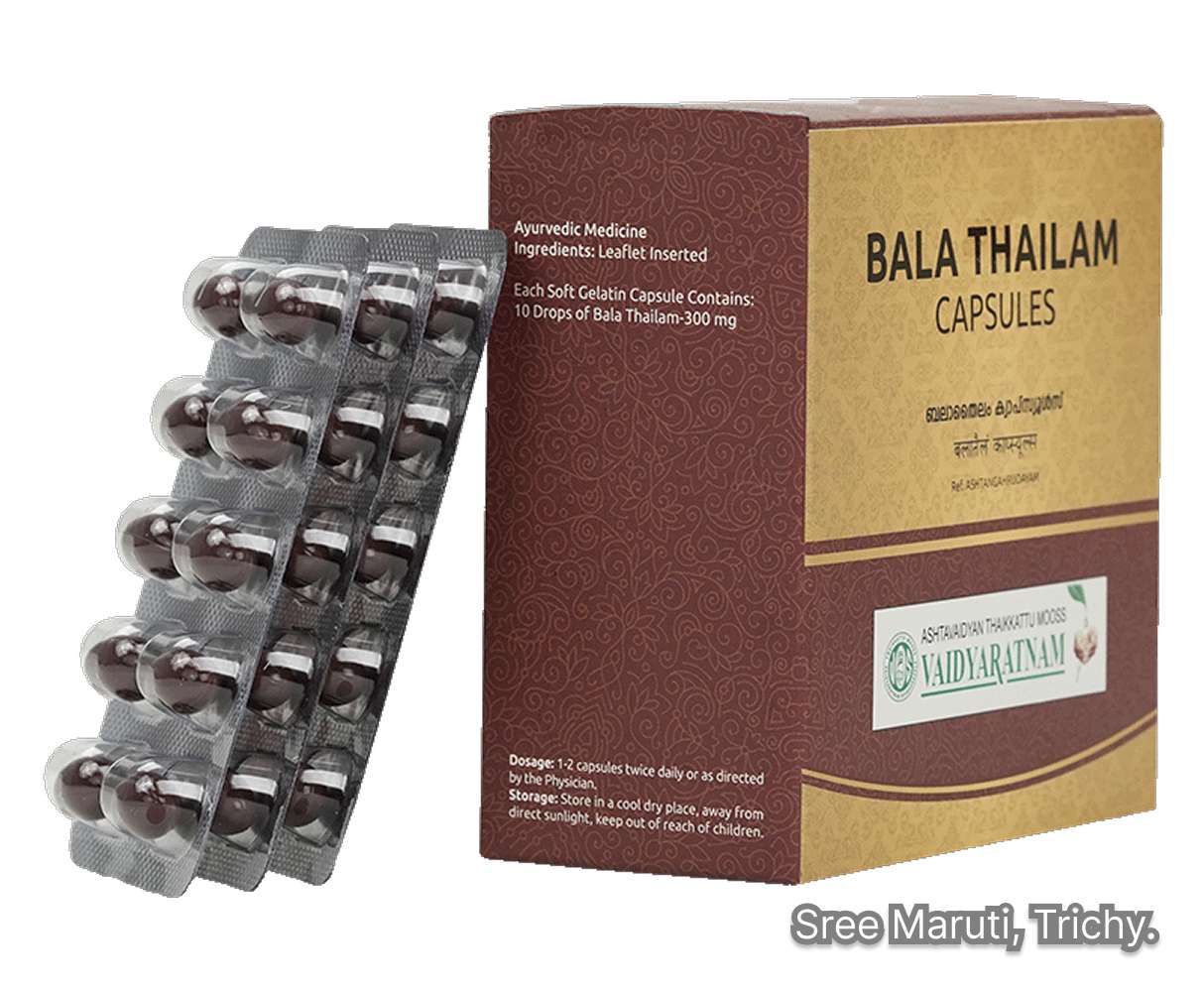 Bala Thailam Soft Gel Capsules Ayurvedic supplement for joint pain, muscle strength, and nerve rejuvenation.