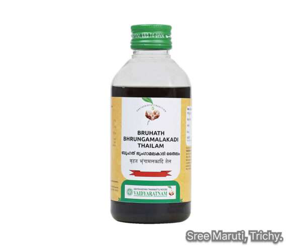 Bruhath Bhrungamalakadi Thailam Ayurvedic hair oil for hair growth, premature greying prevention, and relaxation.