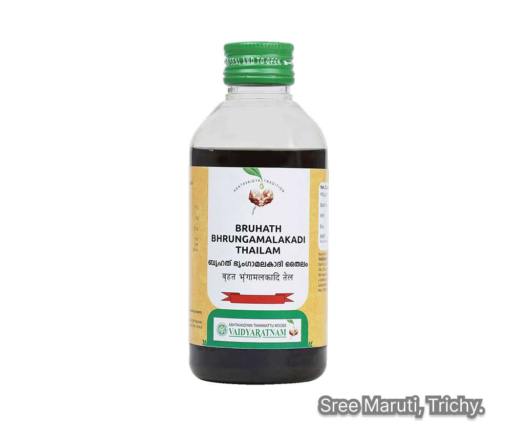Bruhath Bhrungamalakadi Thailam Ayurvedic hair oil for hair growth, premature greying prevention, and relaxation.