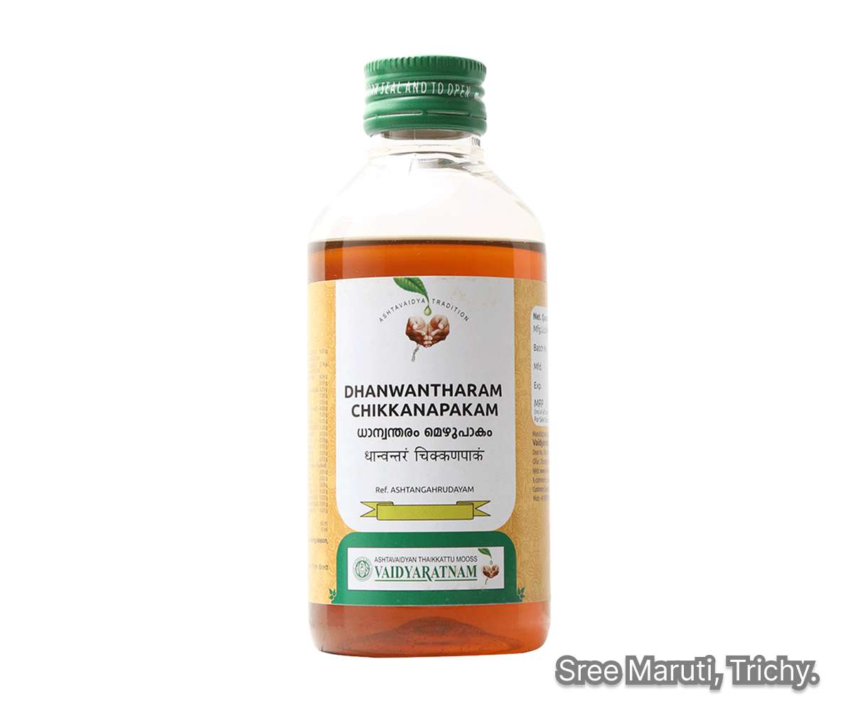 Dhanwantharam Chikkanapakam Ayurvedic medicated oil for muscle, joint, and postpartum care.