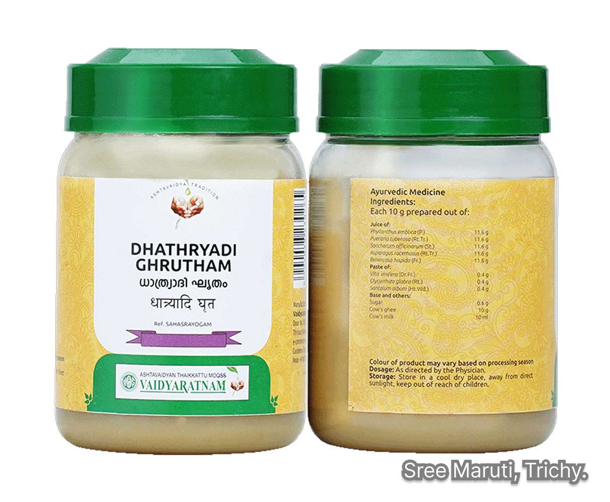 Dhathryadi Ghrutham Ayurvedic medicated ghee for eye health, skin care, and liver support.