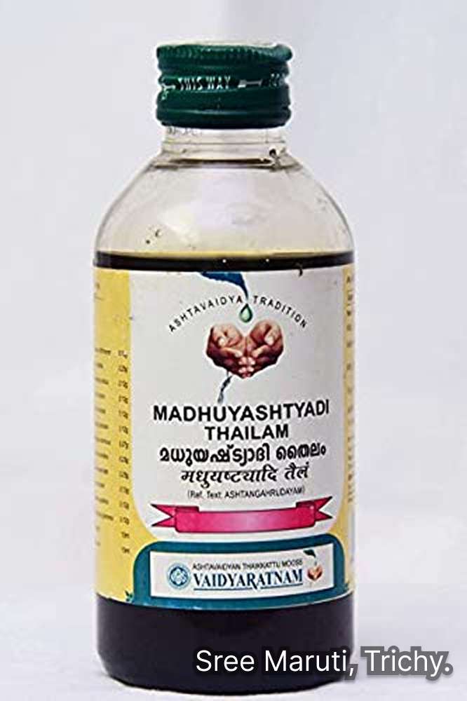 Madhuyashtyadi Thailam Ayurvedic oil for healing burns, wounds, eczema, and skin inflammation.