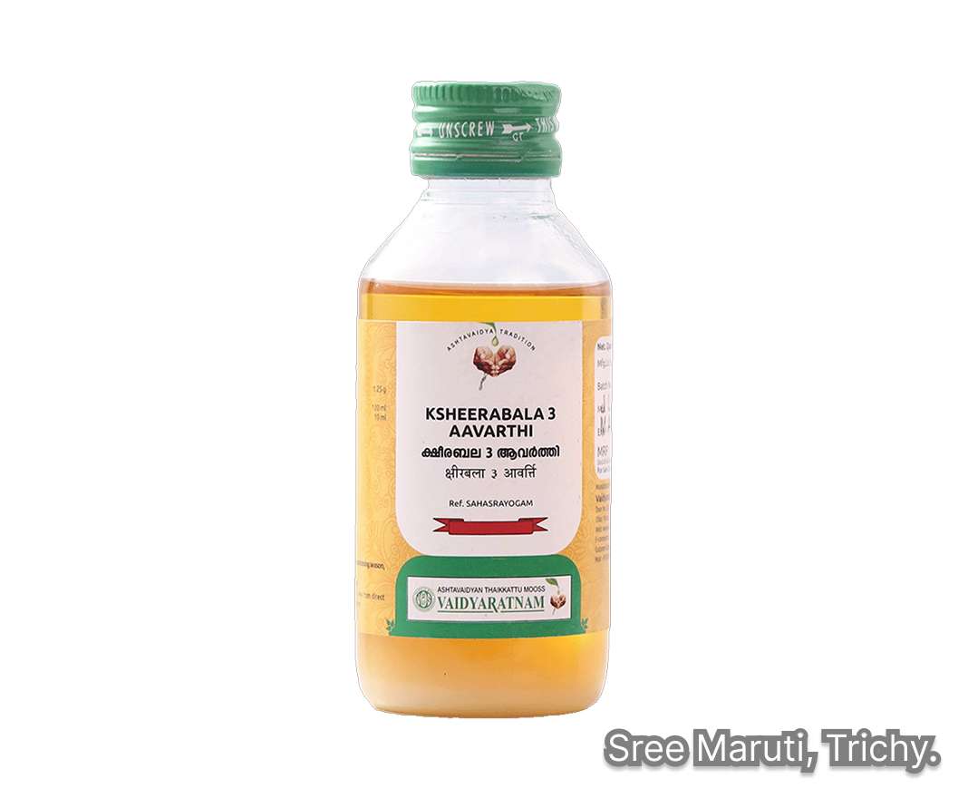 Ksheerabala 3 Aavarthi Ayurvedic oil for joint pain, neurological weakness, and rejuvenation.