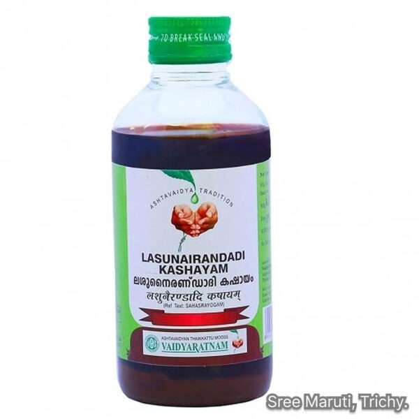 Lasunairandadi Kashayam Ayurvedic decoction with garlic and medicinal herbs for digestion and joint health.