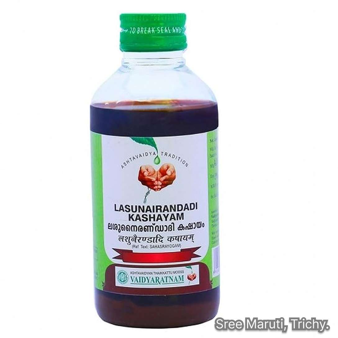 Lasunairandadi Kashayam Ayurvedic decoction with garlic and medicinal herbs for digestion and joint health.