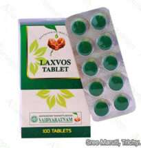 Laxvos Ayurvedic tablets for constipation relief, bowel regulation, and digestive detox.