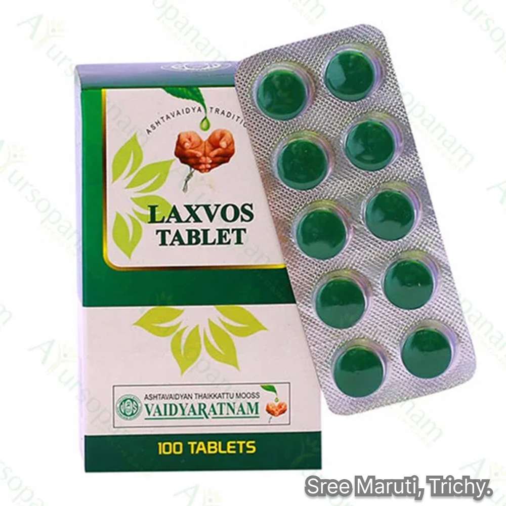 Laxvos Ayurvedic tablets for constipation relief, bowel regulation, and digestive detox.