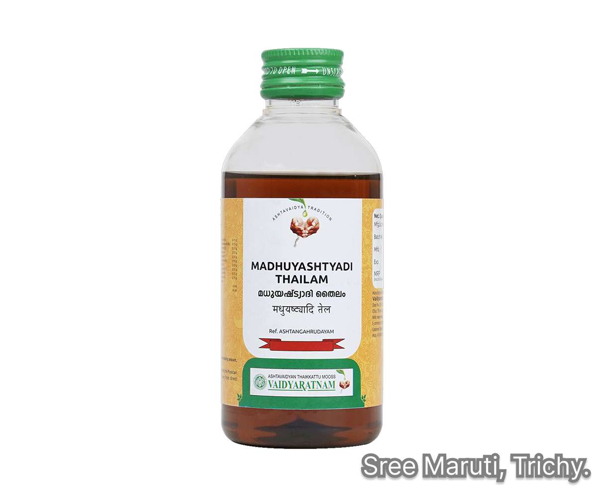 Bottle of Madhuyashtyadi Thailam Ayurvedic oil with herbs for pain relief, arthritis, and muscle relaxation.