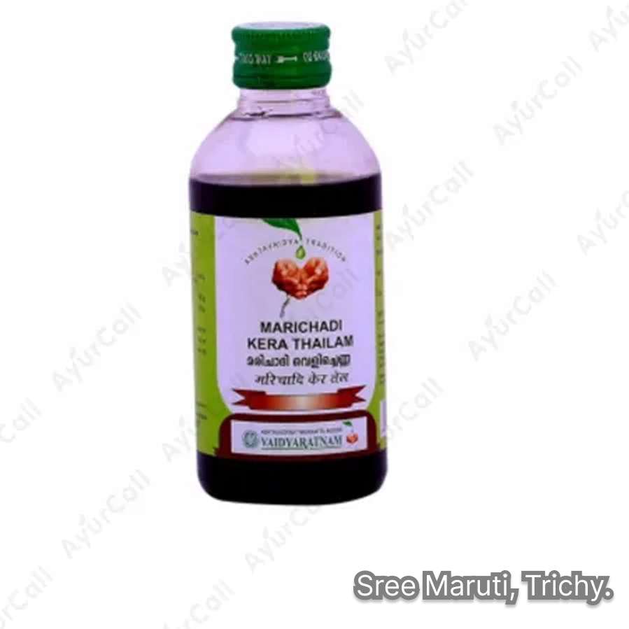 Marichadi Kera Thailam Ayurvedic coconut oil for dandruff, itching, and skin care.