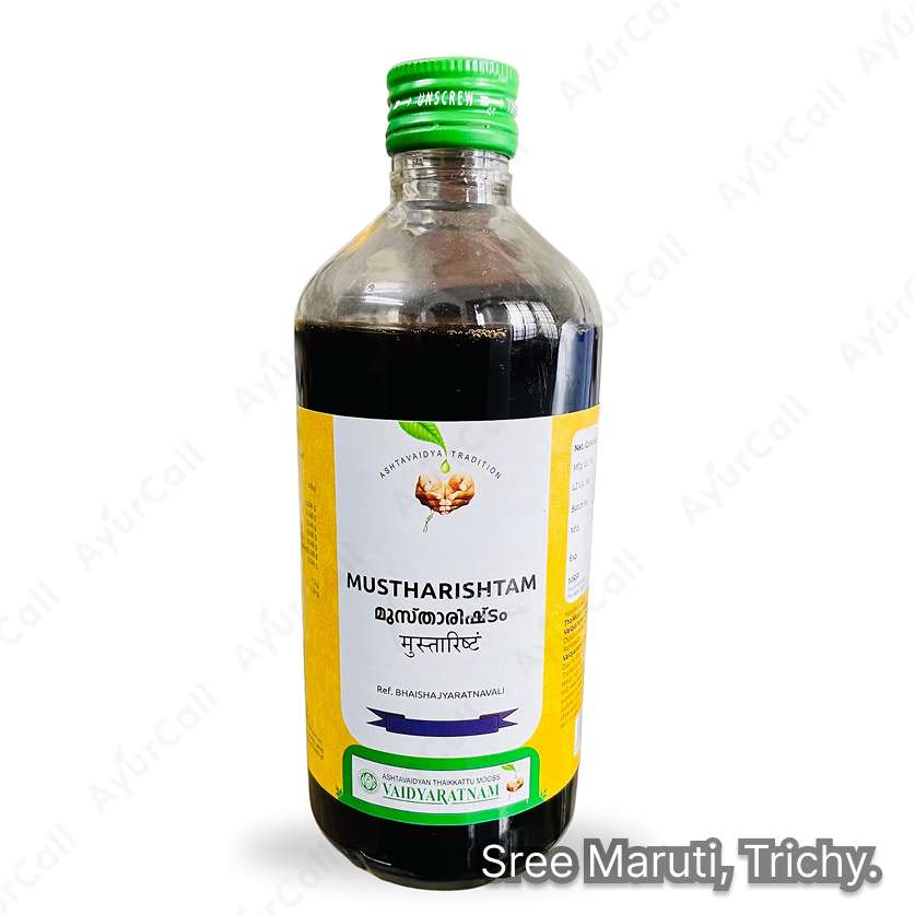 Mustharishtam Ayurvedic fermented tonic for digestion, fever, and menstrual balance.