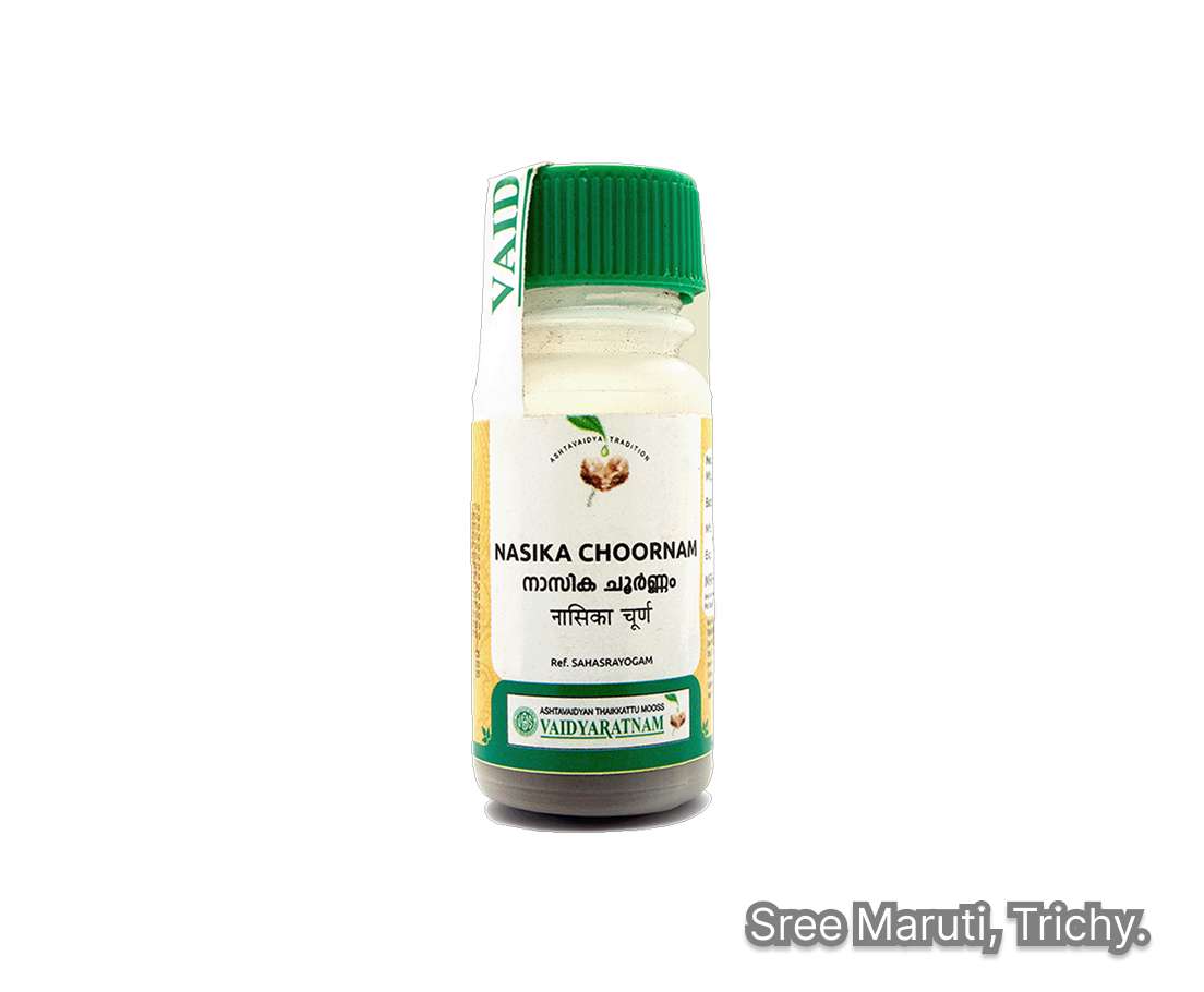 Nasika Choornam Ayurvedic nasal powder for sinus congestion, headache, and respiratory wellness.