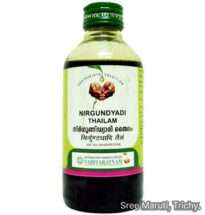 Nirgundyadi Thailam Ayurvedic oil bottle with Nirgundi leaves and herbs for joint and muscle pain relief.