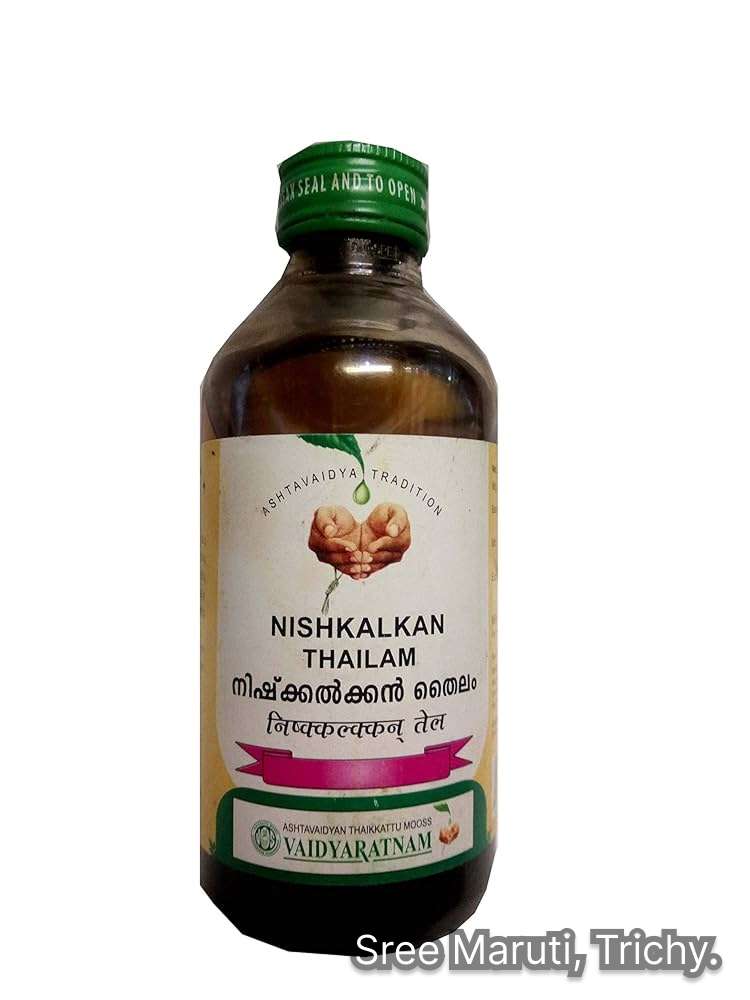Bottle of Nishkalkan Thailam Ayurvedic oil with herbs for pain relief, arthritis, and nerve support.