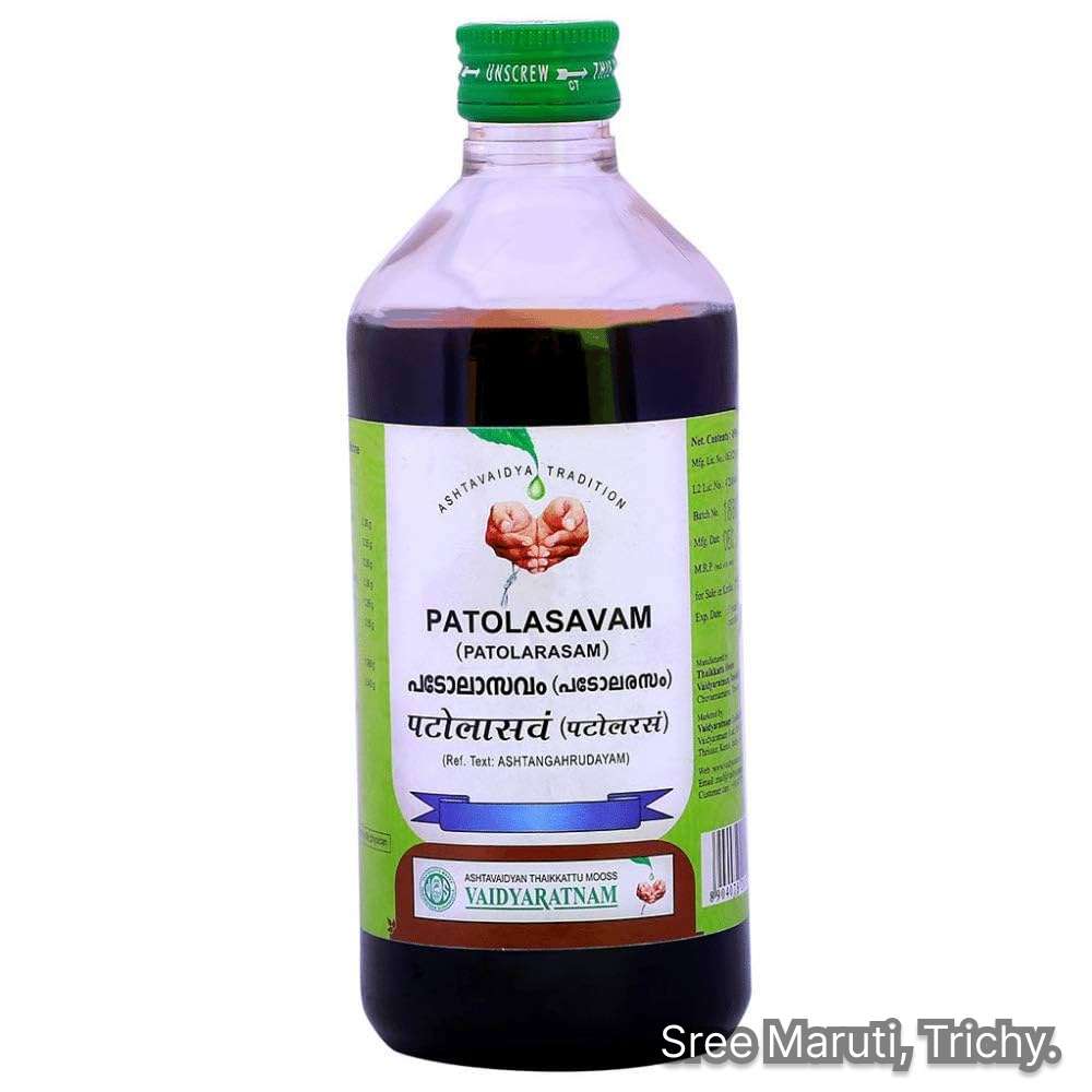 Bottle of Patolasavam Ayurvedic tonic with Patola and neem for skin and liver health.