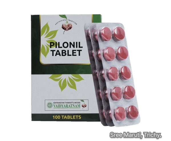 Pilonil Tablets Ayurvedic medicine bottle for piles and fissures relief.