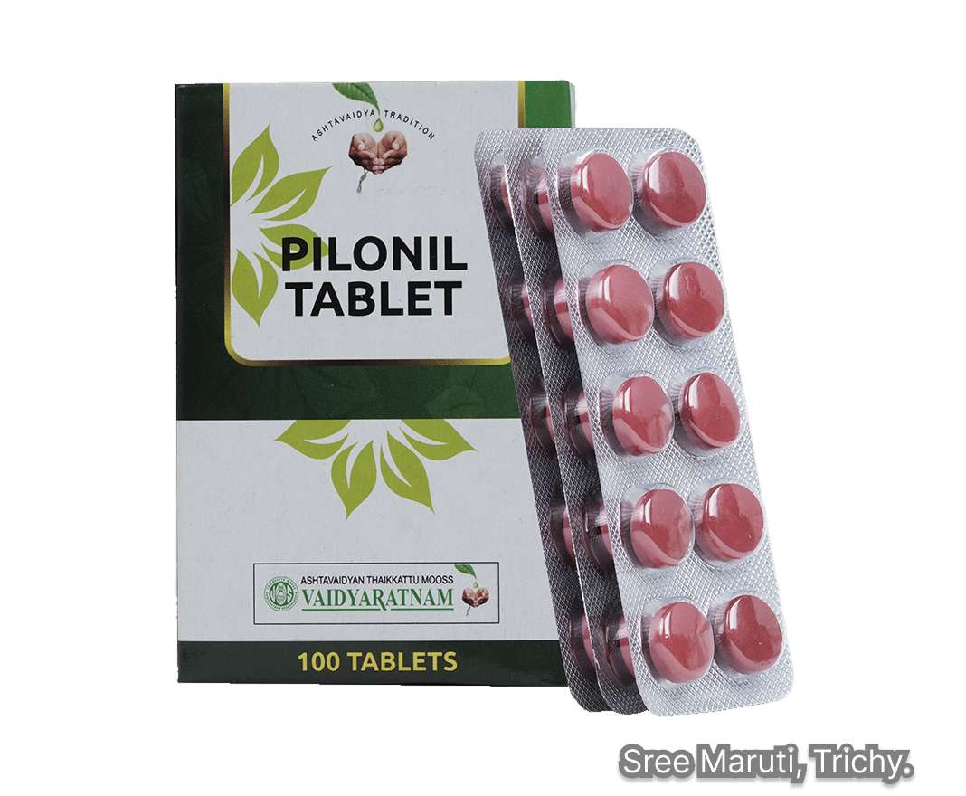 Pilonil Tablets Ayurvedic medicine bottle for piles and fissures relief.
