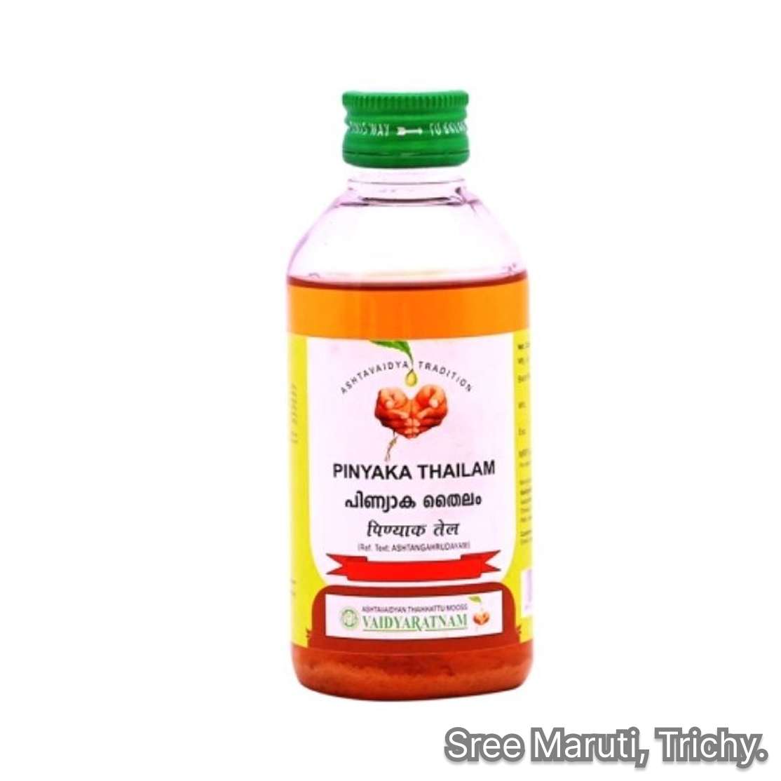 Pinnyaka Thailam Ayurvedic oil with castor seeds and sesame for joint and muscle pain relief.