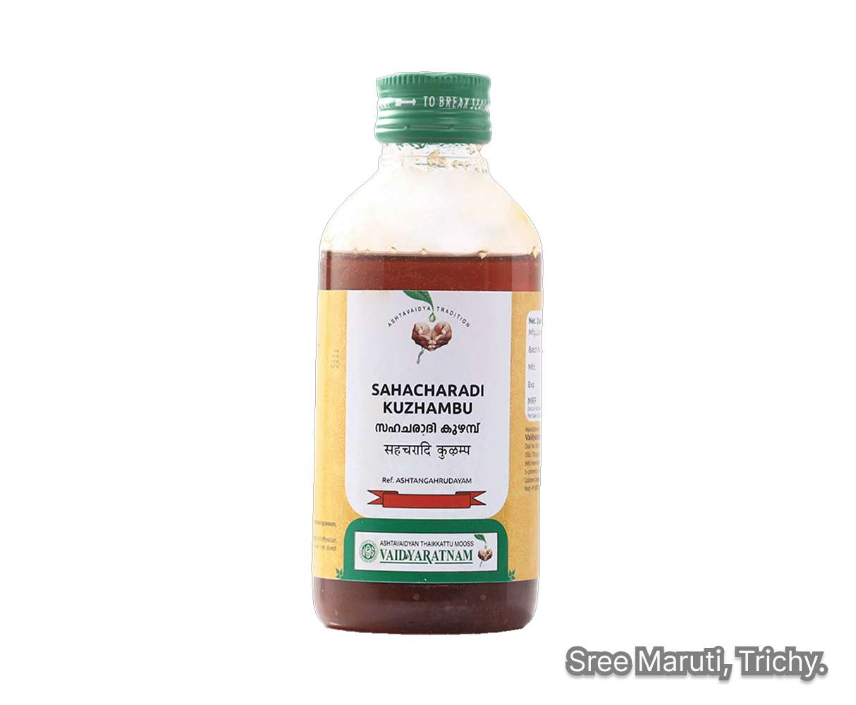 Sahacharadi Kuzhambu Ayurvedic oil for sciatica, back pain, and muscle stiffness relief.