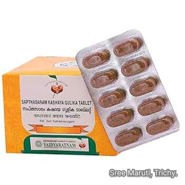 Sapthasaram Kashaya Gulika Ayurvedic tablets for digestion, constipation, bloating, and women’s reproductive health.