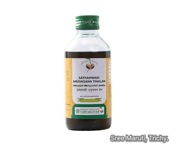 Sathahwadi Anuvasana Thailam Ayurvedic medicated oil for Vata disorders, constipation, and joint health.