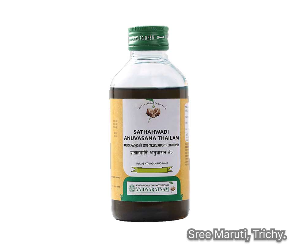 Sathahwadi Anuvasana Thailam Ayurvedic medicated oil for Vata disorders, constipation, and joint health.