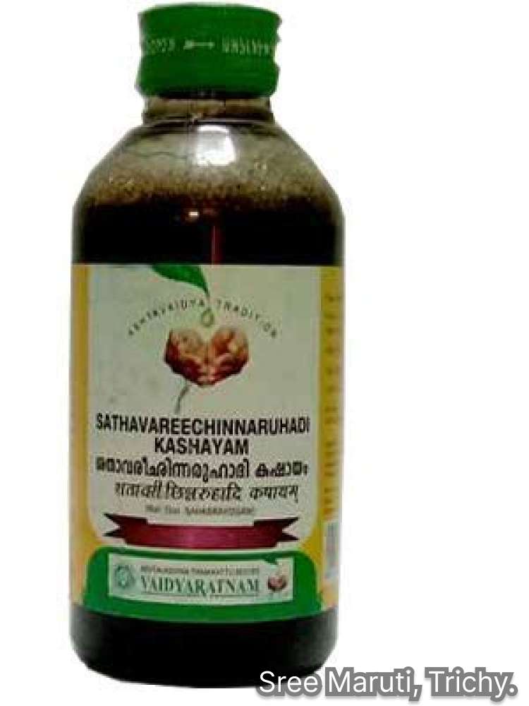 Bottle of Sathavareechinnaruhadi Kashayam with Shatavari and herbs for women’s health, fertility, and hormonal balance.