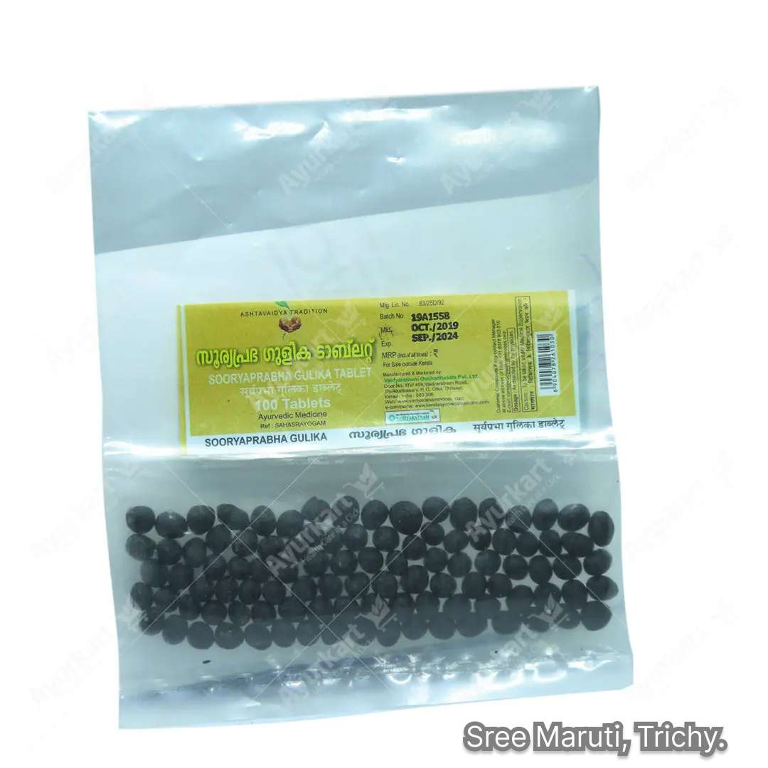 Sooryaprabha Gulika Ayurvedic tablet used for fever, skin diseases, detoxification, and immunity enhancement.