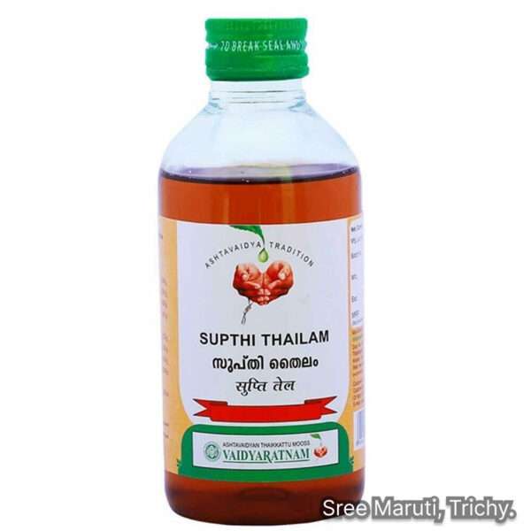 Supthi Thailam herbal oil with ginger and sesame for joint and muscle pain relief.