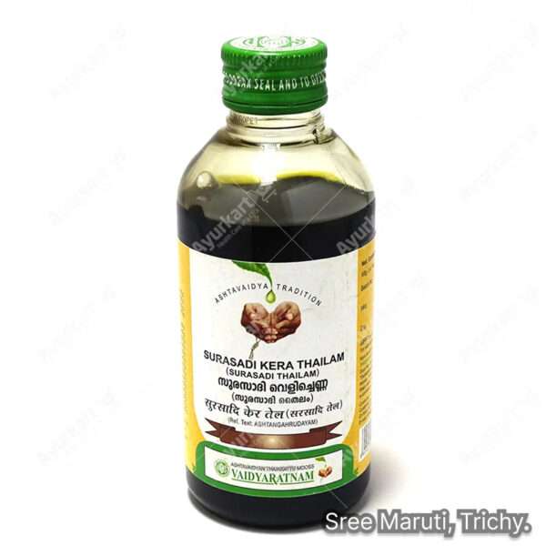 Surasadi Kera Thailam Ayurvedic medicated coconut oil for eczema, skin infection, and itching relief.