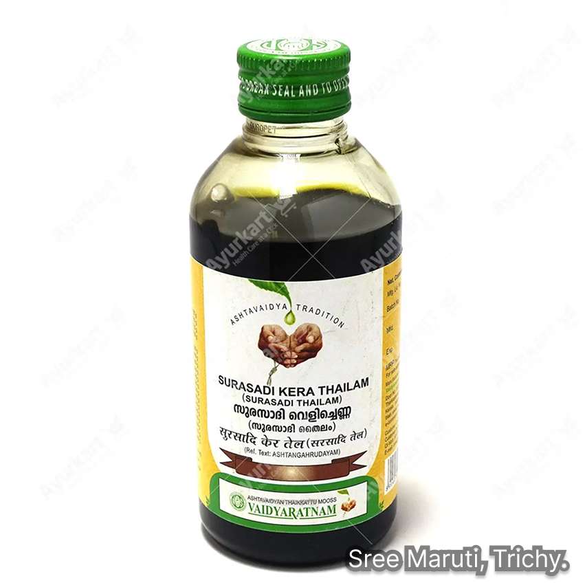 Surasadi Kera Thailam Ayurvedic medicated coconut oil for eczema, skin infection, and itching relief.