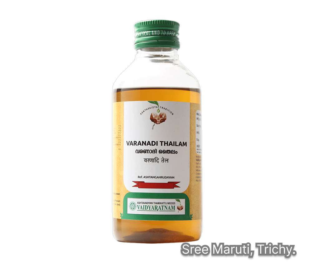 Varanadi Thailam Ayurvedic oil for obesity, thyroid imbalance, headache, and joint pain relief.