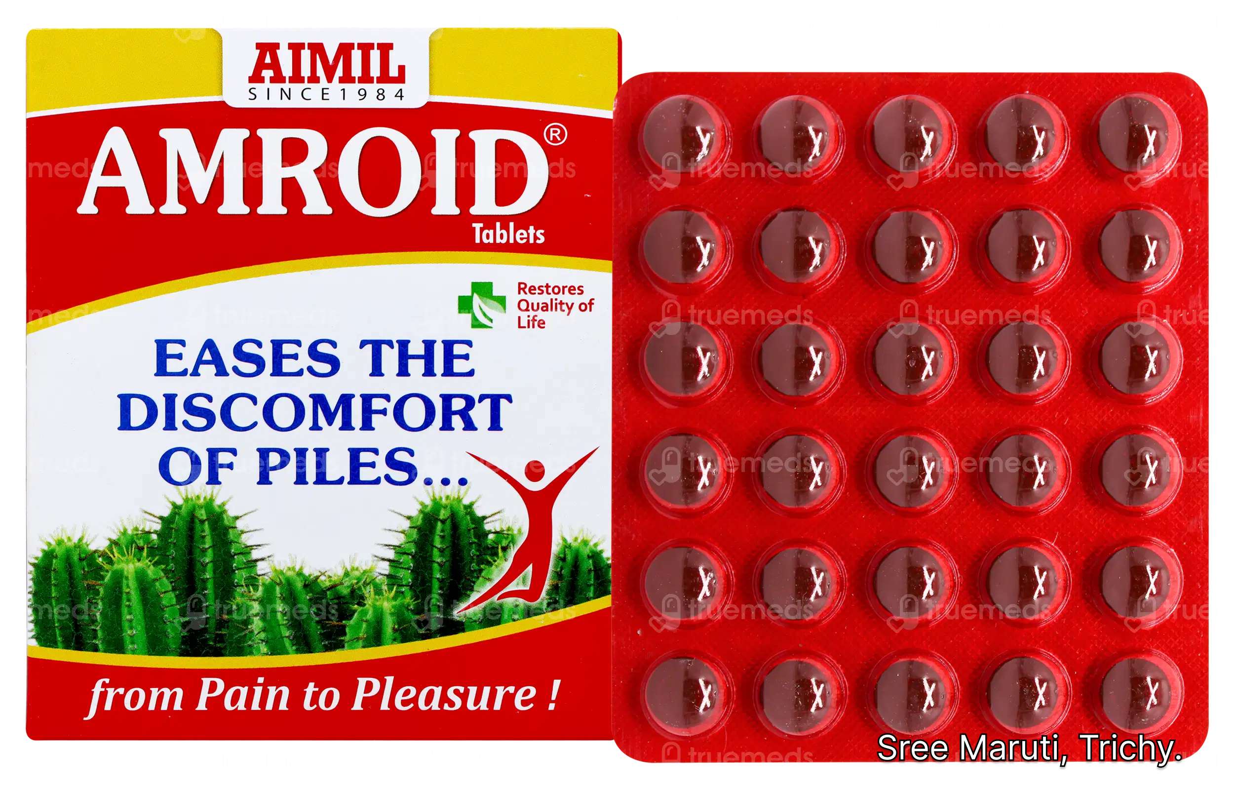 Amroid Tablets pack used for piles, fissures, hemorrhoid pain, and bleeding relief.