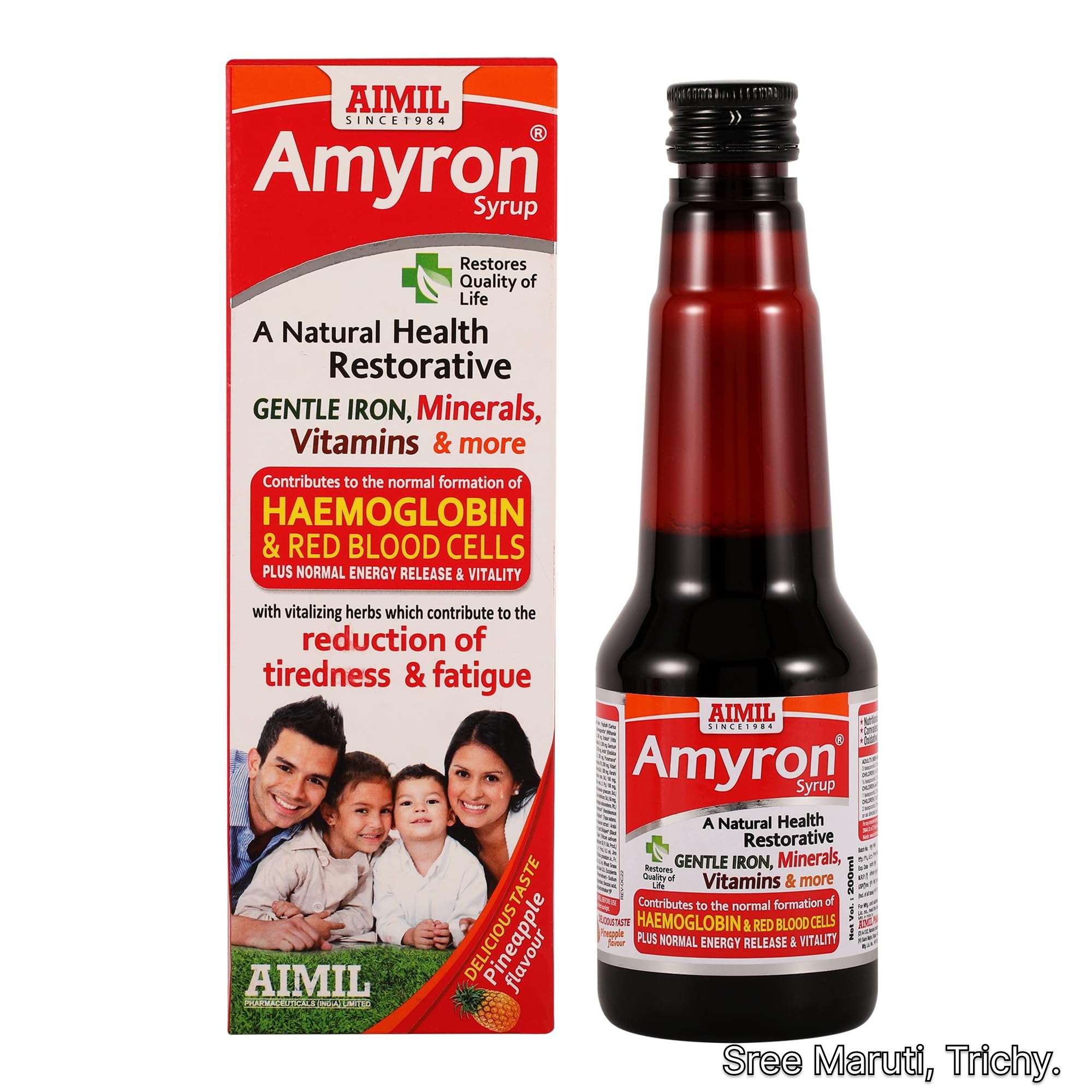 Amyron Syrup bottle and box for improving haemoglobin and energy.