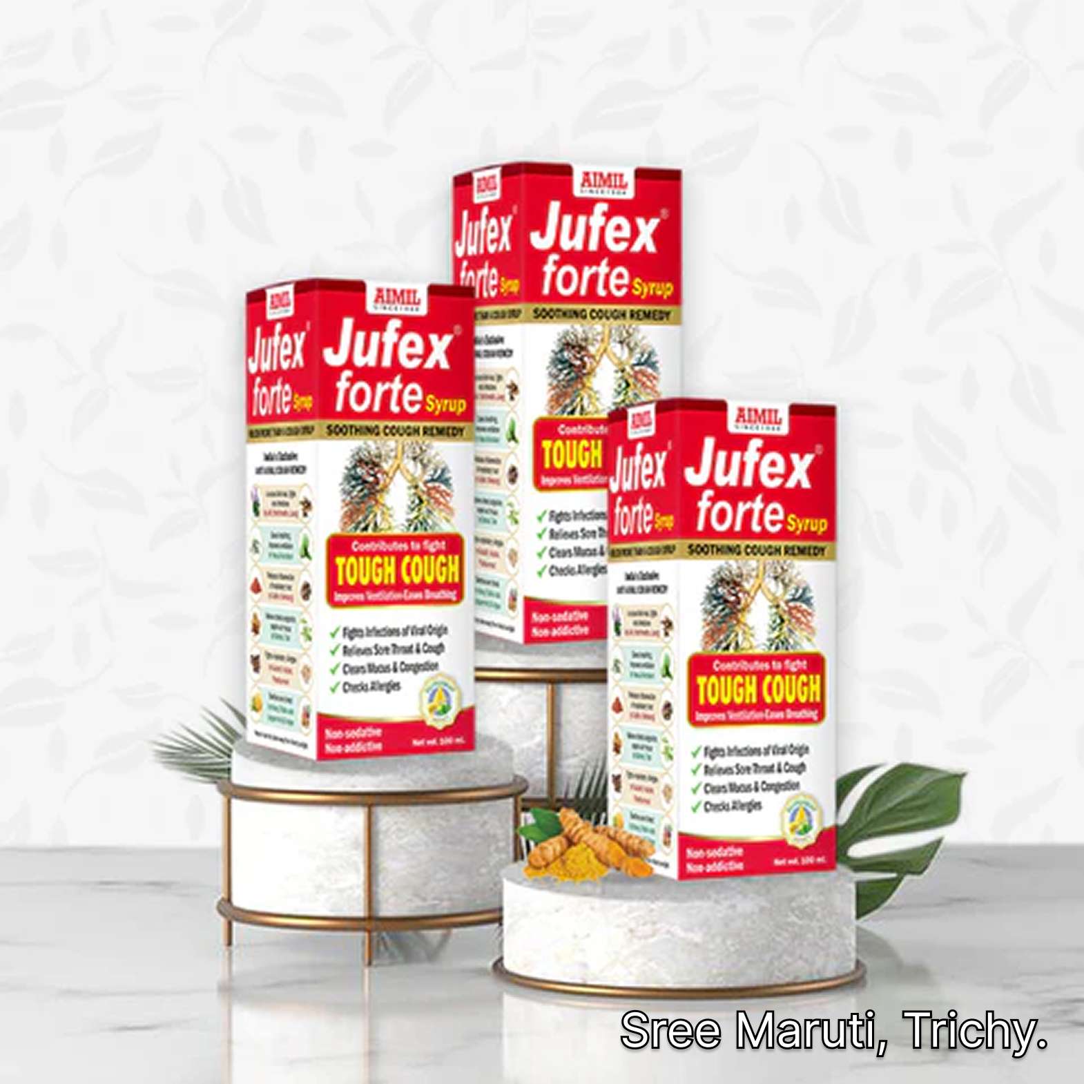 Jufex Forte Syrup bottle for cough, cold, throat irritation, and chest congestion.