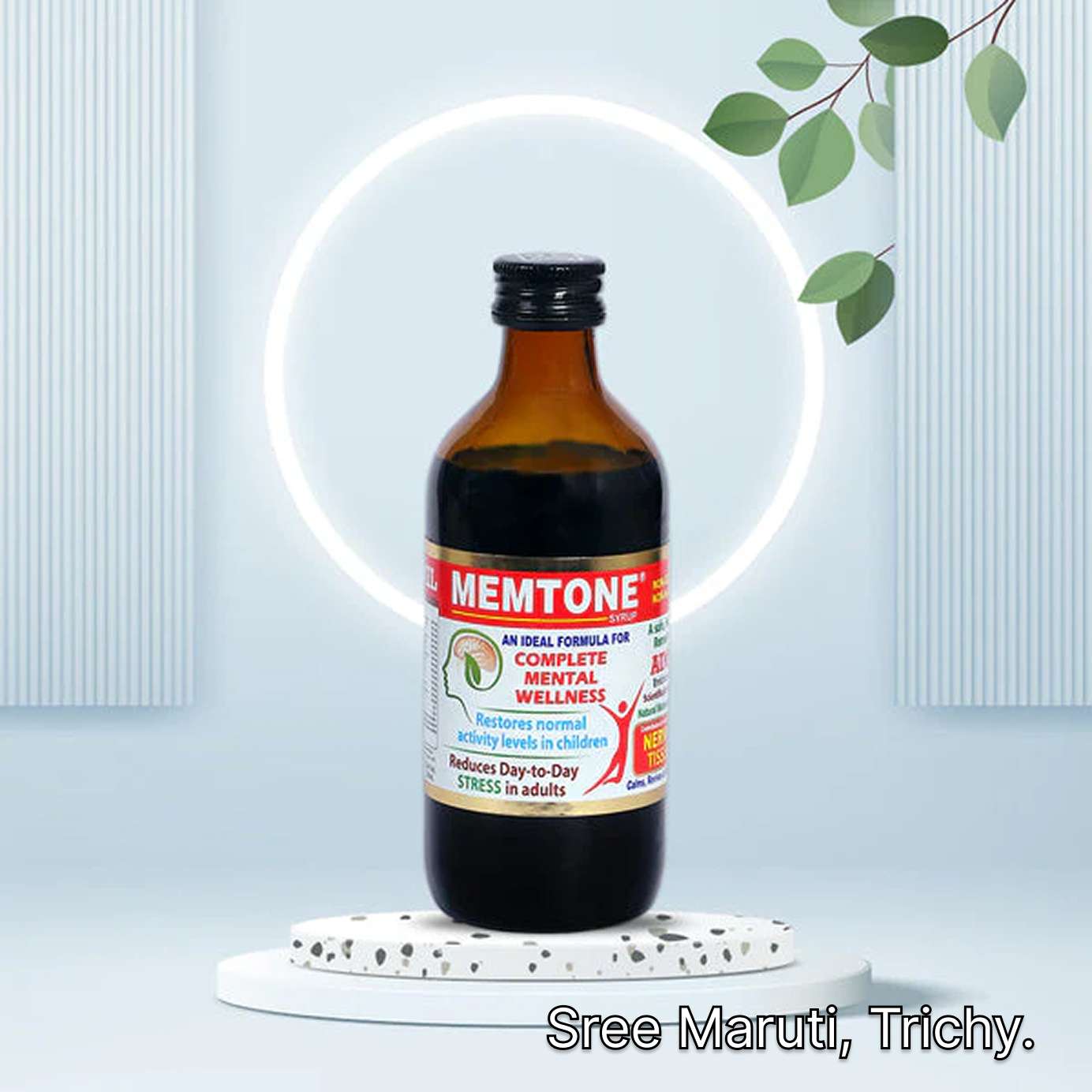 Memtone Syrup bottle promoting memory enhancement and focus.