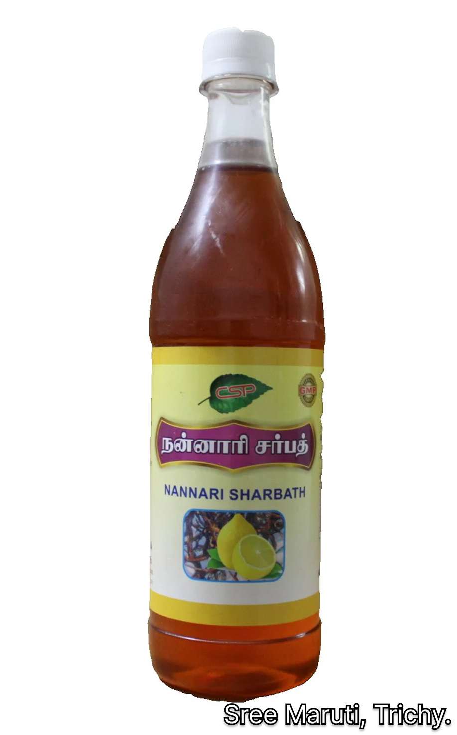 Glass of Nannari Sharbat with lemon and Nannari syrup bottle.