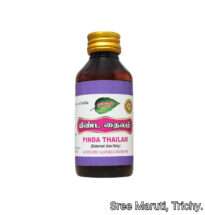 “Pinda Thailam Ayurvedic oil bottle with herbs for joint pain relief.”