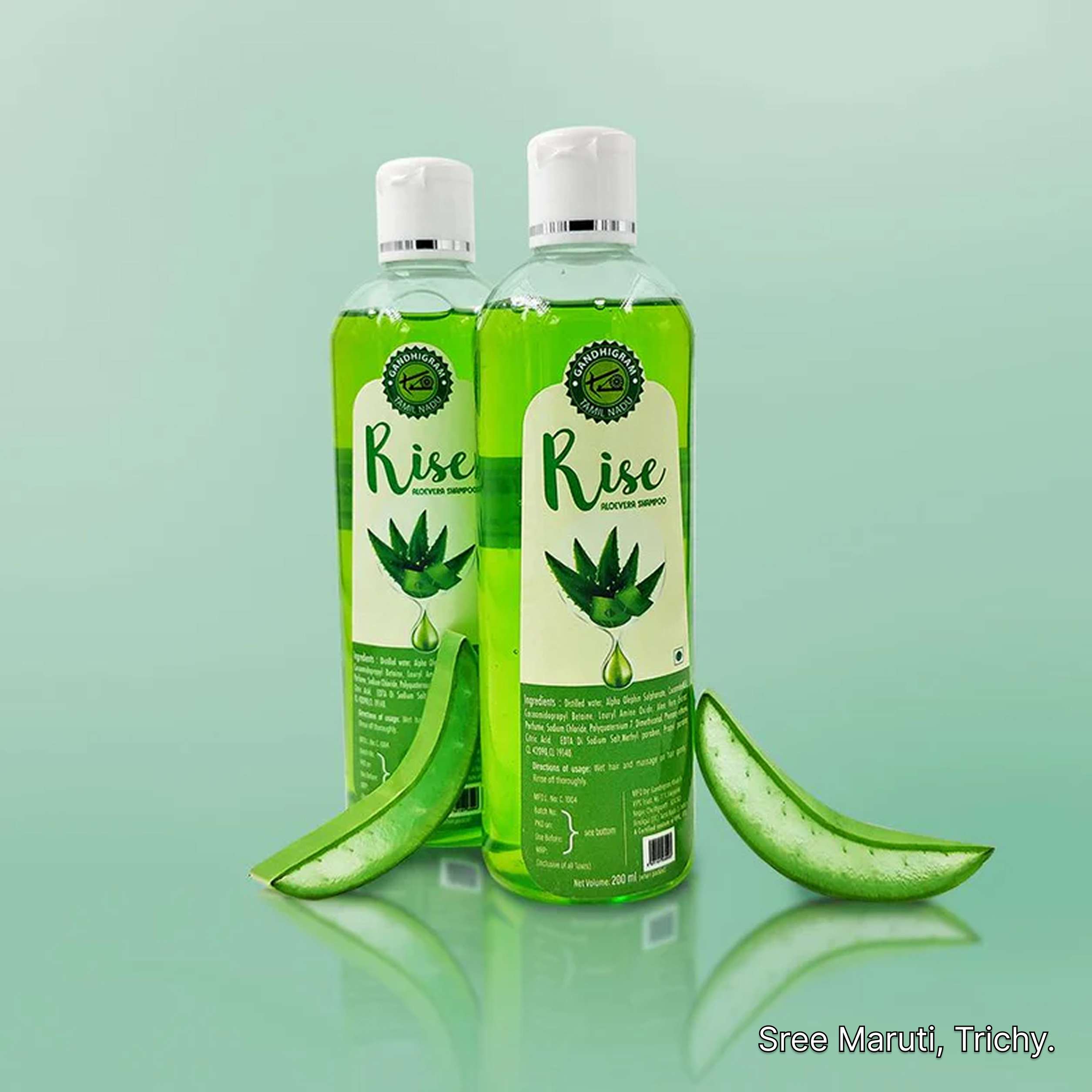Bottle of Rise Aloevera Shampoo with Aloe Vera leaves representing hydration and hair nourishment