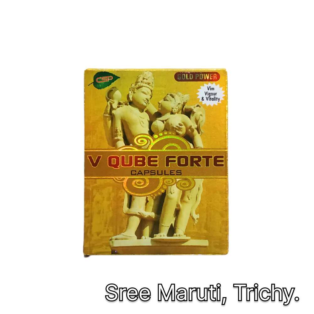 V-Qube Forte Capsules bottle with herbal ingredients.