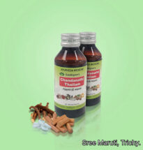 “Chandanadhi Thailam Ayurvedic cooling oil with sandalwood for burning sensation and skin irritation”
