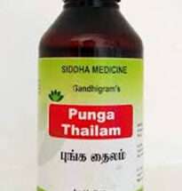 “Punga Thailam herbal oil bottle with Ayurvedic herbs for joint, nerve, and muscle health”