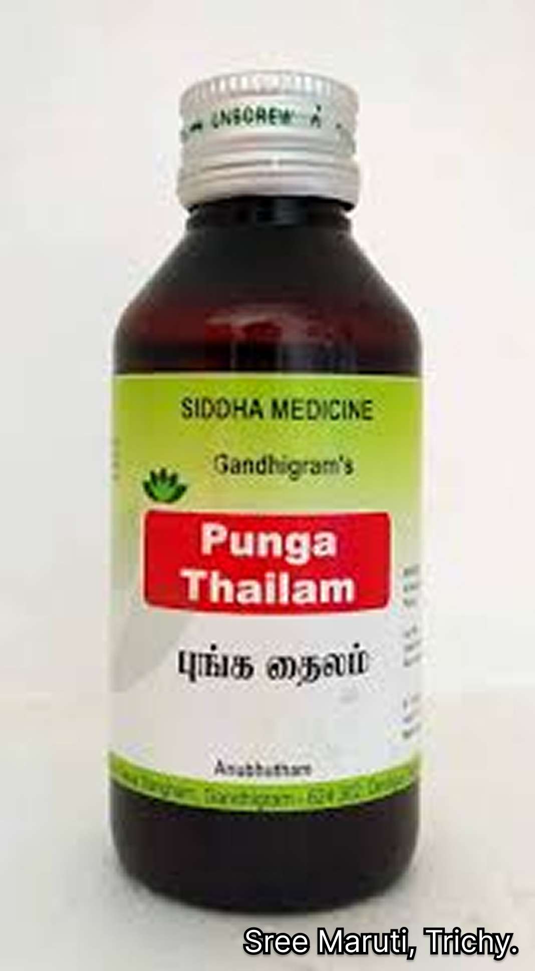 “Punga Thailam herbal oil bottle with Ayurvedic herbs for joint, nerve, and muscle health”