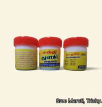Bottle of Sakthi Thulasi Thailam herbal oil with Tulasi leaves and Ayurvedic herbs