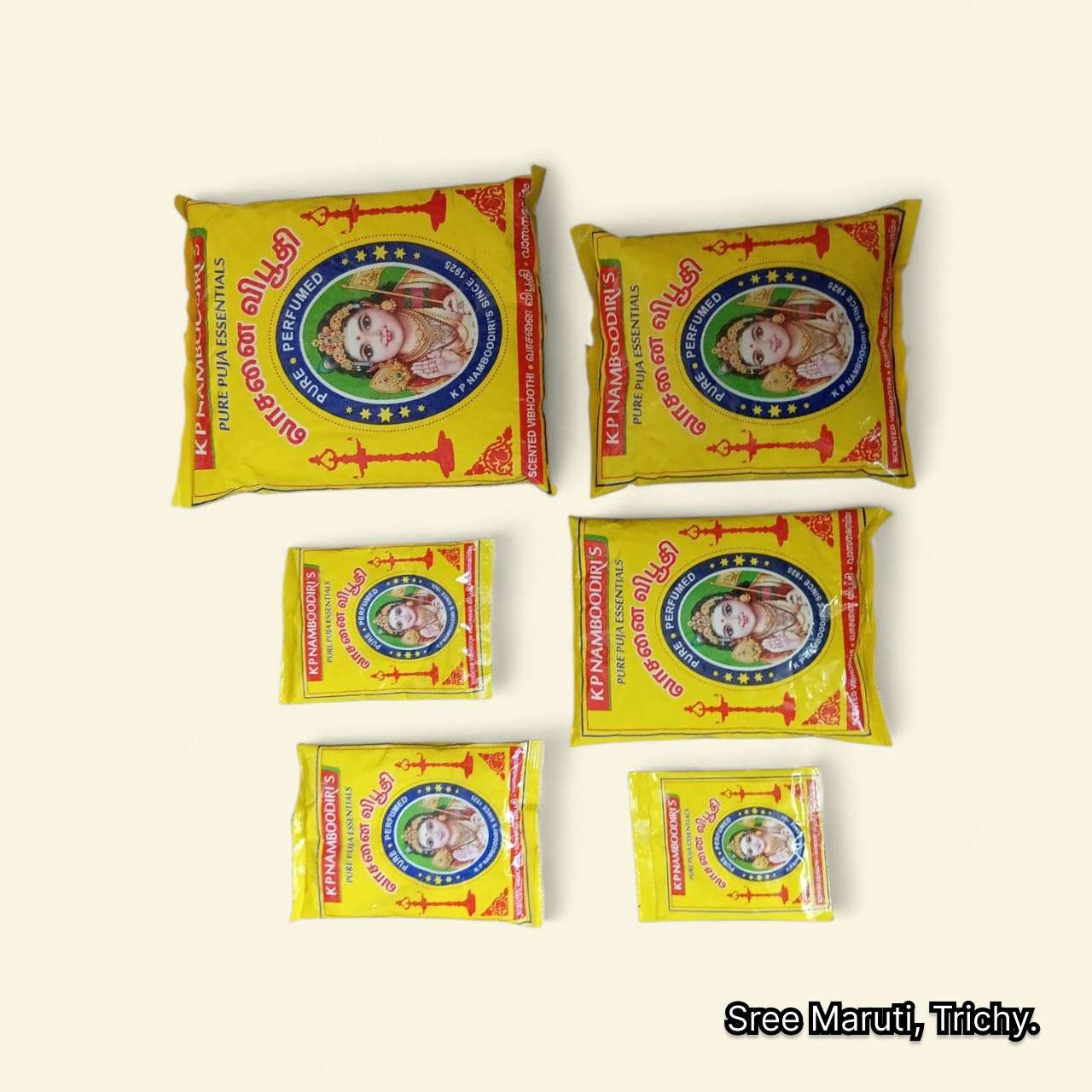 Pack of K.P. Namboodiri's scented vibuthi used for spiritual rituals